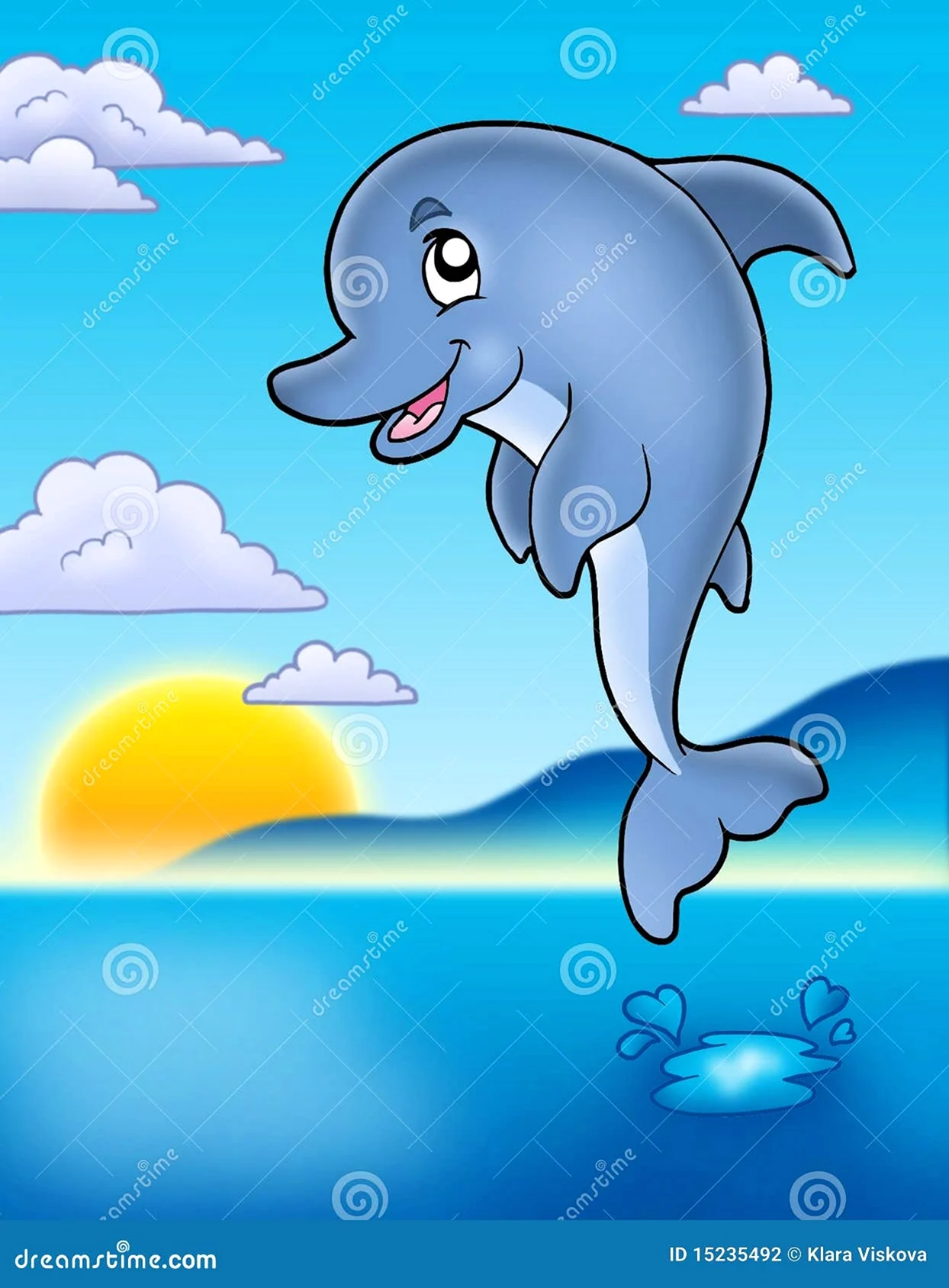 Дельфин в море мультяшный