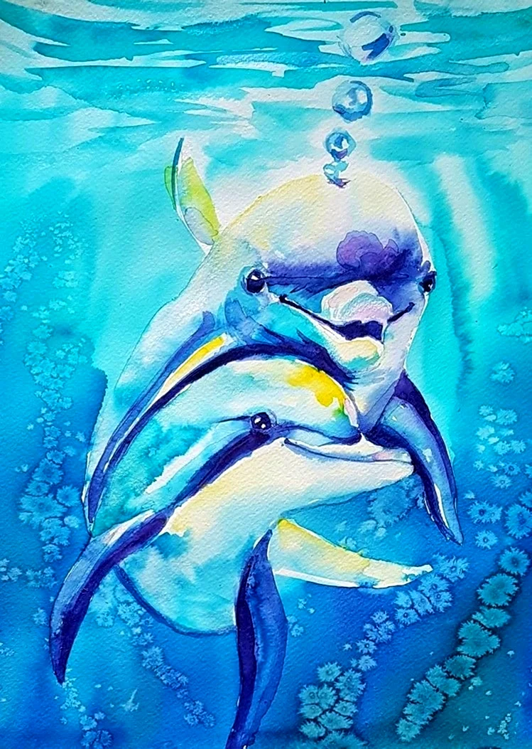 Дельфины акварелью