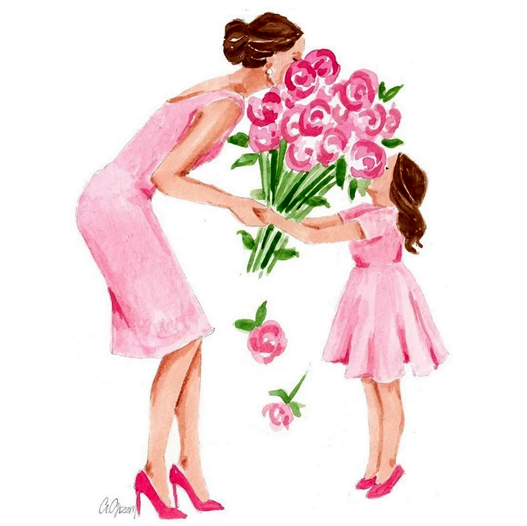 Девочка дарит цветы маме