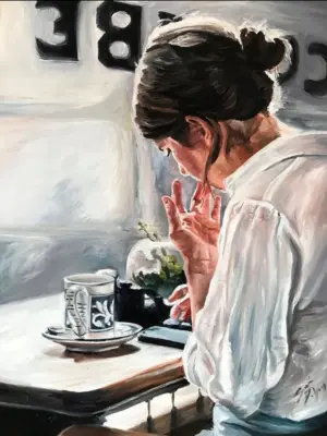 Девушка в кафе живопись