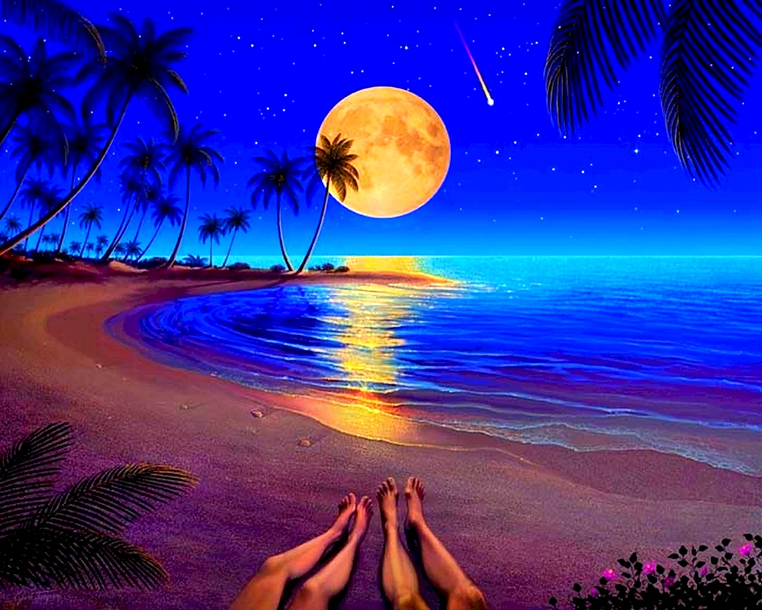 Ночь на море Луна пальмы